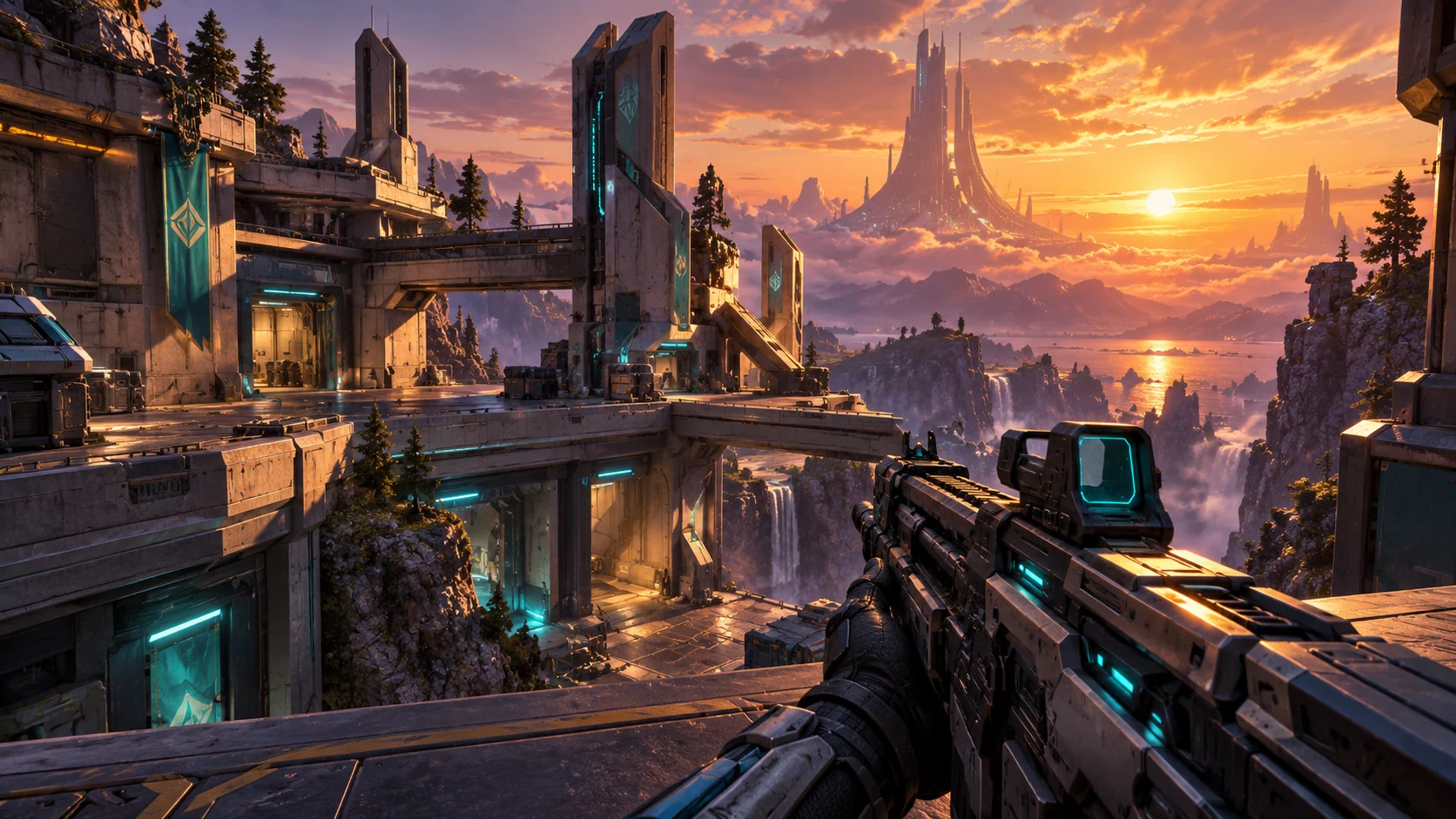 Original futuristic shooter artwork with a sci-fi rifle and a sunset arena